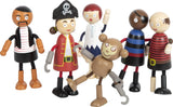 Små fods fleksible piratdukker i træ, 5 pirater og 1 abe, detaljerede og fleksible, 3+, 12412