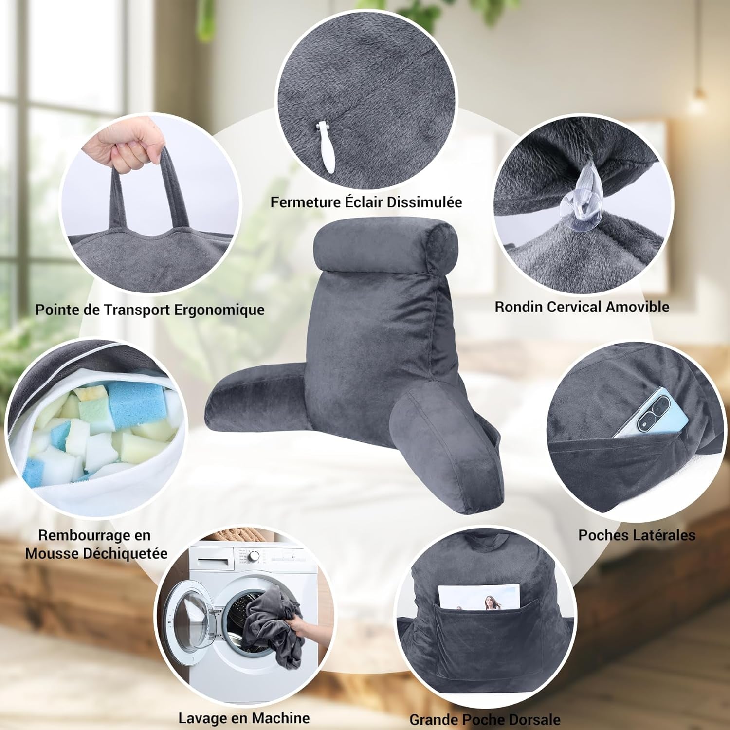 INFANTIA ergonomisk læsepude med armlæn, rygstøtte, stor, grå