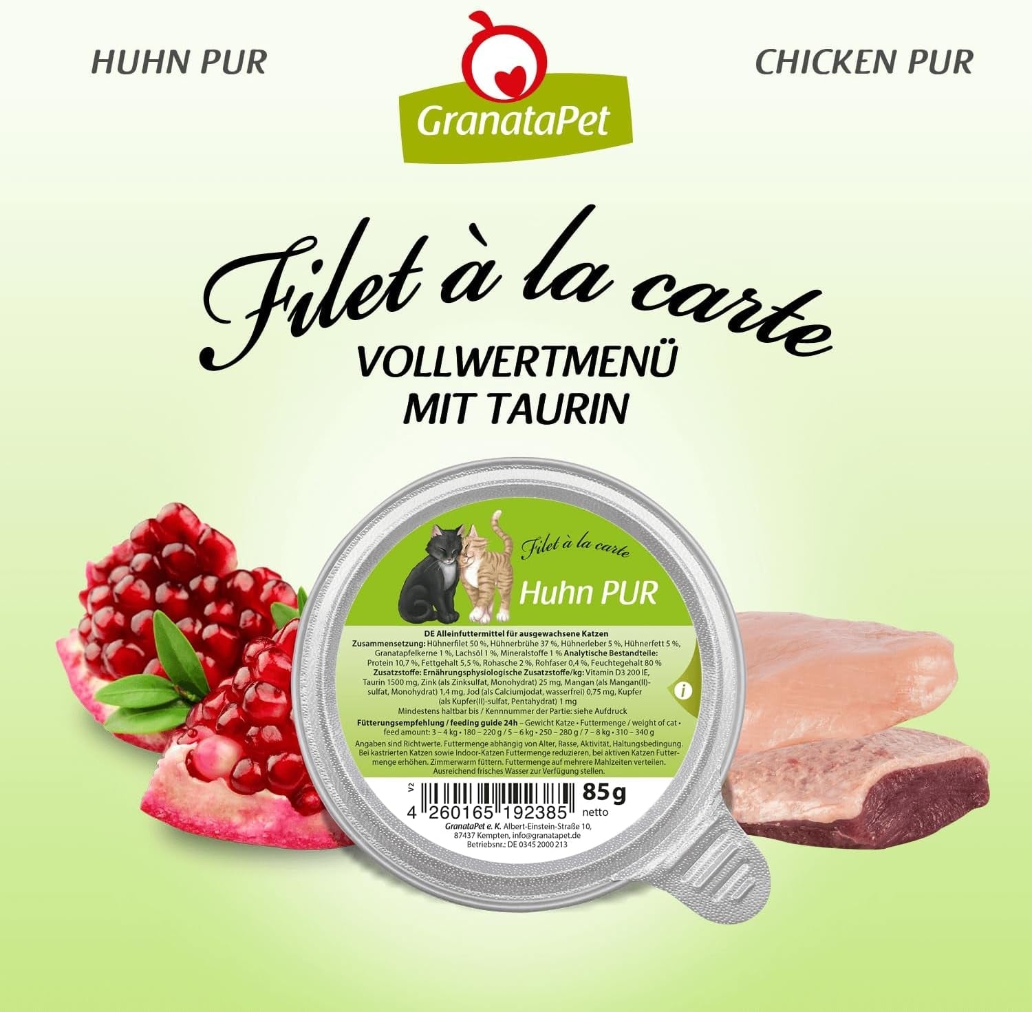 GranataPet Filet à la carte Kylling PURE, våd kattefoder, kornfri filetstykker, kattefoder uden tilsat sukker, højt kødindhold, 6 x 85 g
