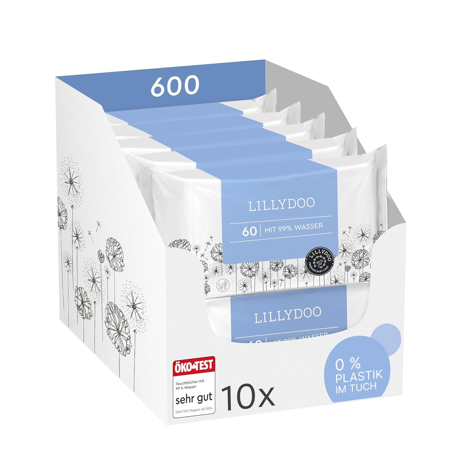 LILLYDOO grønne vådservietter, 600 count (10 x 60), 100 % plastfri rivefast serviet - Parfumefri, skånsom og naturlig, skånsom rensning til følsom hud, dermatologisk testet