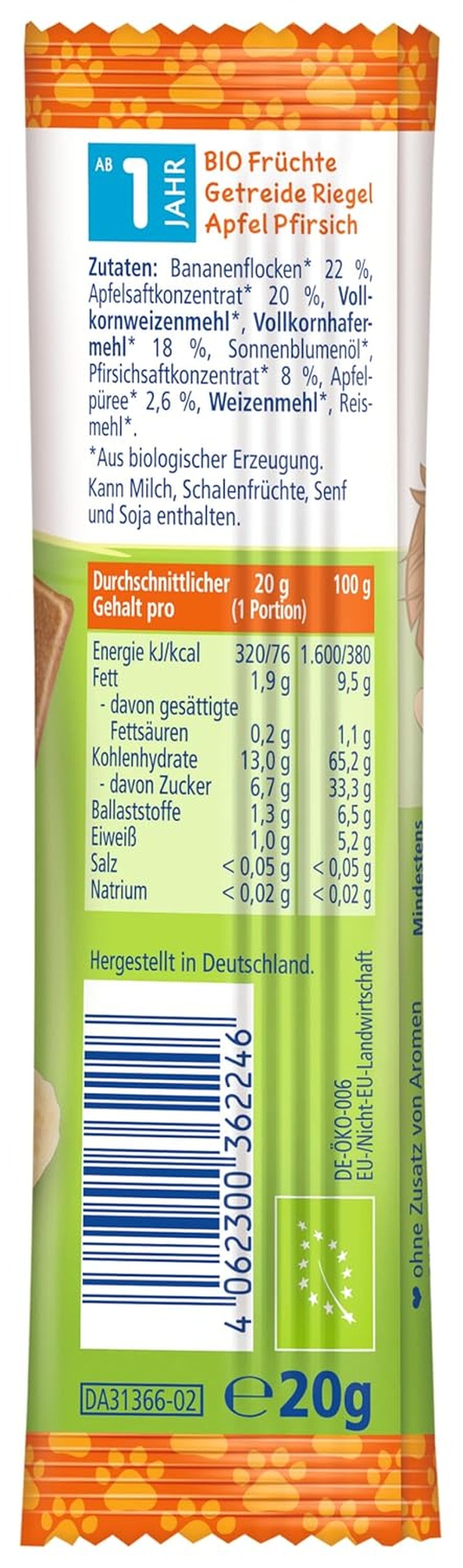 HiPP Lion Müslibarer med knasende havre og æble og fersken (24 x 20 g), fra 1 år, kun sødet med frugt, af bedste økologiske kvalitet