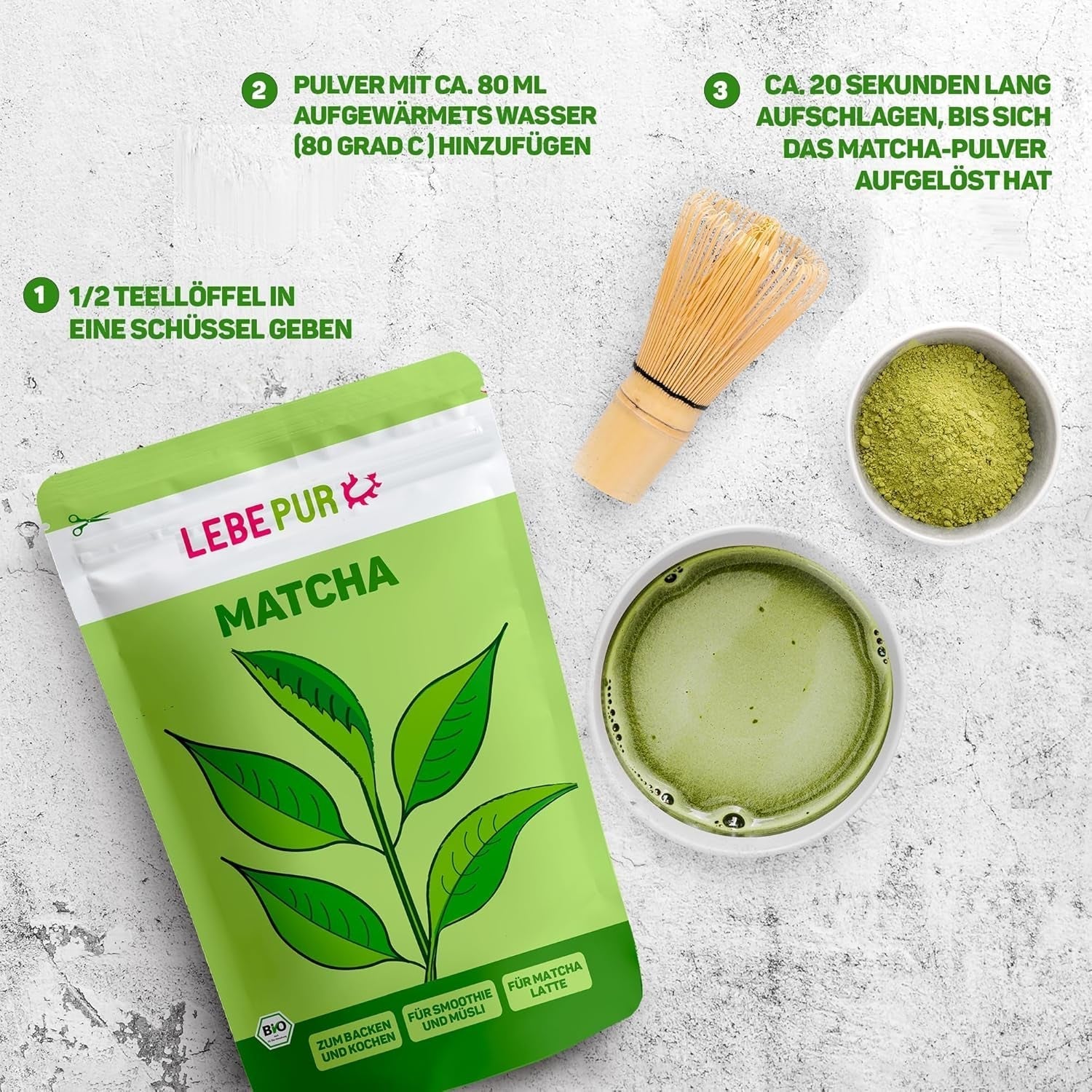Lebepur BIO Matcha Powder 100G - Førsteklasses kvalitet fra Japan Ingen tilsætningsstoffer - 100 % ren grøn te pulver til Matcha Latte, Matcha te, grøn te, smoothie - japansk grøn te