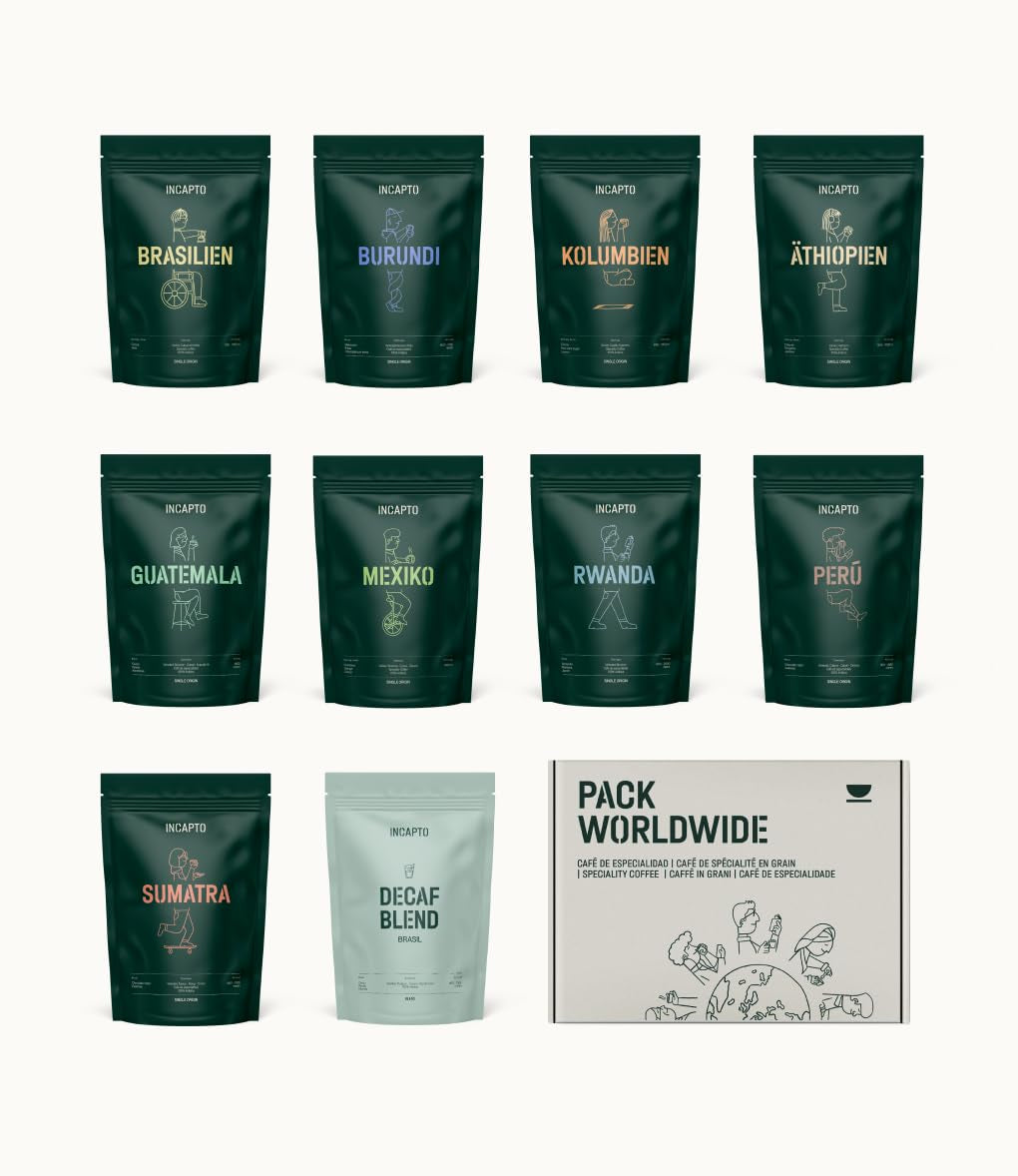 Udvalg af Incapto kaffebønner på verdensplan | Udvalg af 10 oprindelser fra hele verden | Specialkaffe | 100% Arabica | Ideel som kaffegavesæt | For kaffeelskere | 10 pakker x 100 g