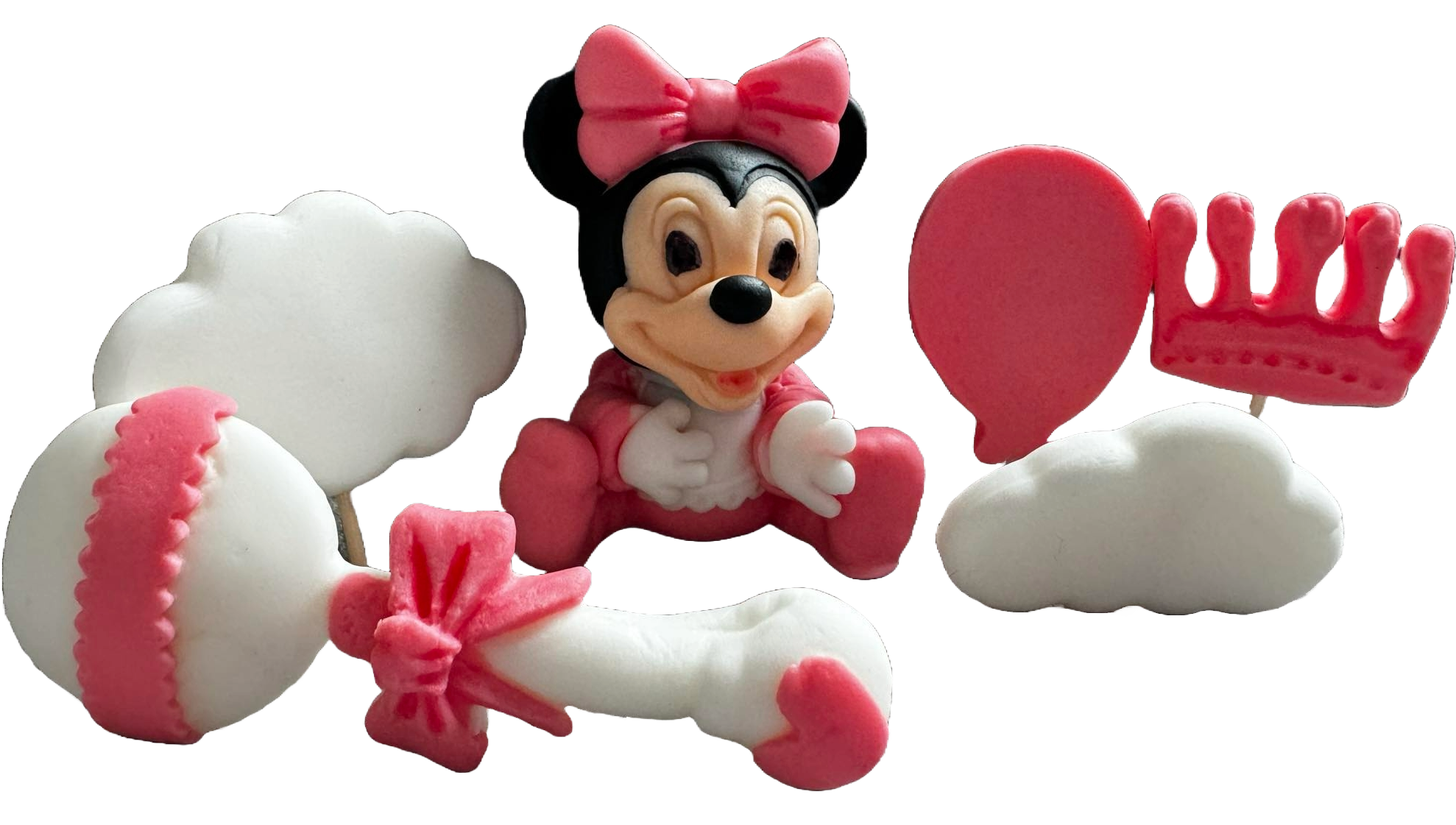 Sæt med 6 spiselige sukkerdekorationer, Minnie Mouse Sugar Paste Decorations Naty Shop