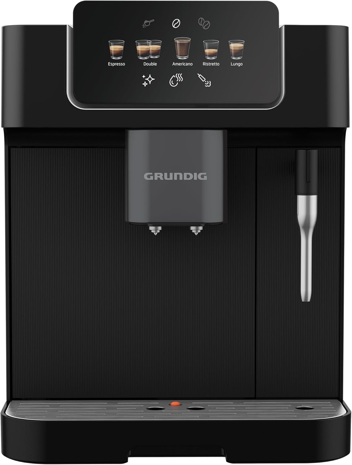 GRUNDIG KVA 6230 fuldautomatisk espressomaskine med mælkeskummer, rustfri stålkværn med 13 slibeindstillinger, bønnebeholder 250 g, aftagelig vandtank 2 liter, pumpetryk 19 bar, touchdisplay, sort