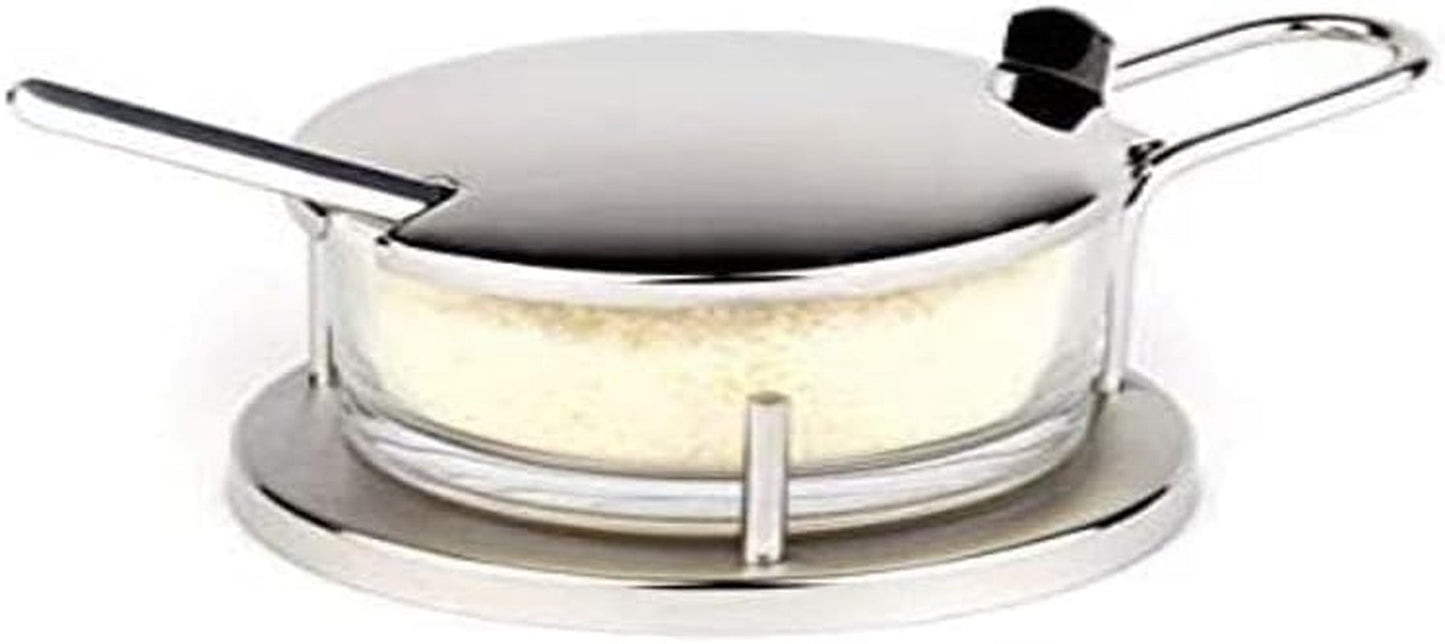 Parmesansæt APS "Classic", skål til parmesan, beholder til parmesan med ske, gennemsigtigt glas til parmesan i rustfri stålholder, 11 x 15 cm, højde 7 cm