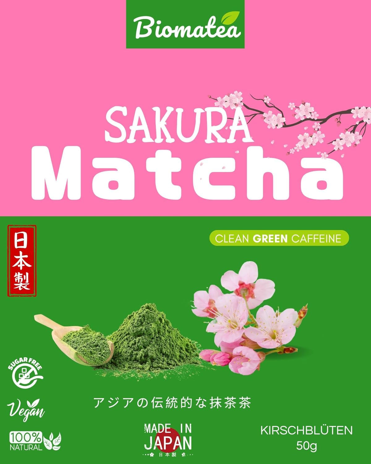 Sakura Matcha te 50 g - ceremoniel kvalitet fra Japan - Premium grøn te med Sakura blomsterpulver - Første høst, stenmalet, vegansk, ingen tilsætningsstoffer