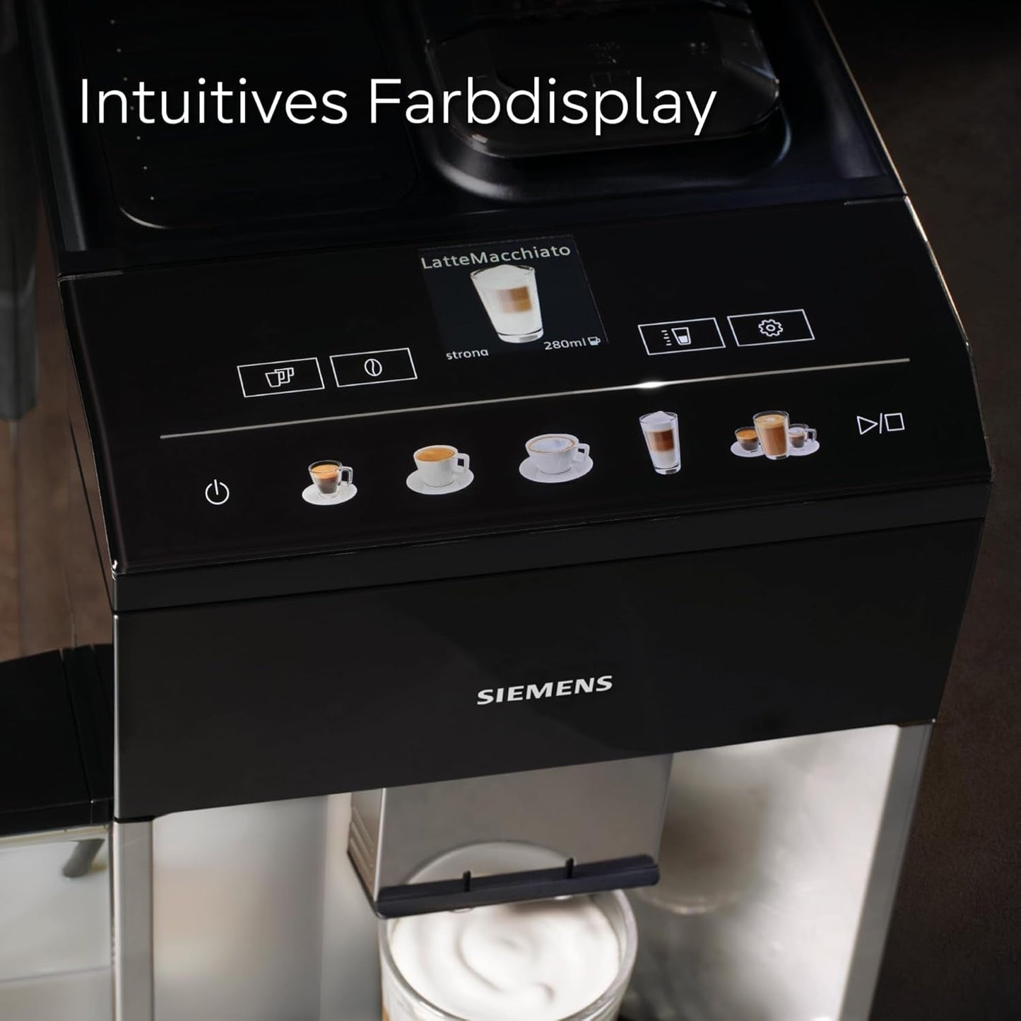 Siemens EQ500 fuldautomatisk espressomaskine TQ513D01, mange kaffespecialiteter, mælkeskummer, integreret mælkebeholder, automatisk damprensning, 1500 W, naturligt lys sølv/klaver sort