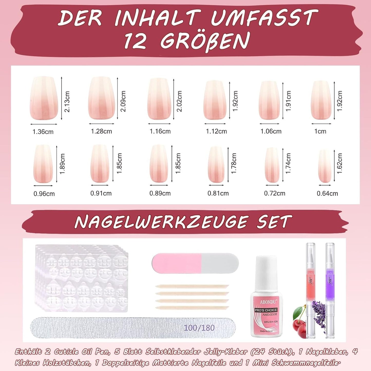 360 stk Gradient Ballerina Falske Negle Sæt, Pink White Gradient Lime-on kunstige negle med 2 stk Nail Oil Penne, Ombre Medium Fake Neils for Women DIY