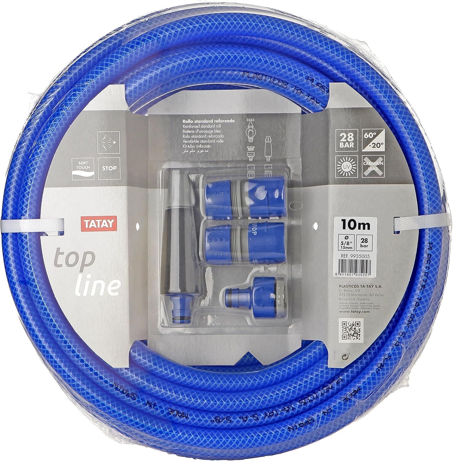 TATAY Blue Line haveslangesæt 10 meter Ø5/8" 15mm, 3 lag, fremstillet i Spanien, modstand 28 bar og +60°/-20°, flettet, cadmium og blyfri, BPA fri, anti-UV. Blå farve.