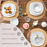 SANGER | Hvidt Bilgola Spisestel Sæt, 24 Del Porcelænsstel til 6, Firkantede Tallerkener, Middagstallerkener | PREMIUM KOLLEKTIONEN