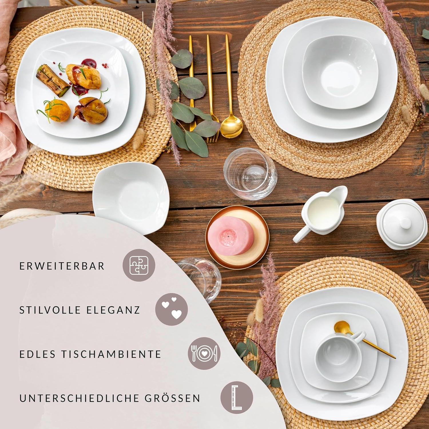 SANGER | Hvidt Bilgola Spisestel Sæt, 24 Del Porcelænsstel til 6, Firkantede Tallerkener, Middagstallerkener | PREMIUM KOLLEKTIONEN