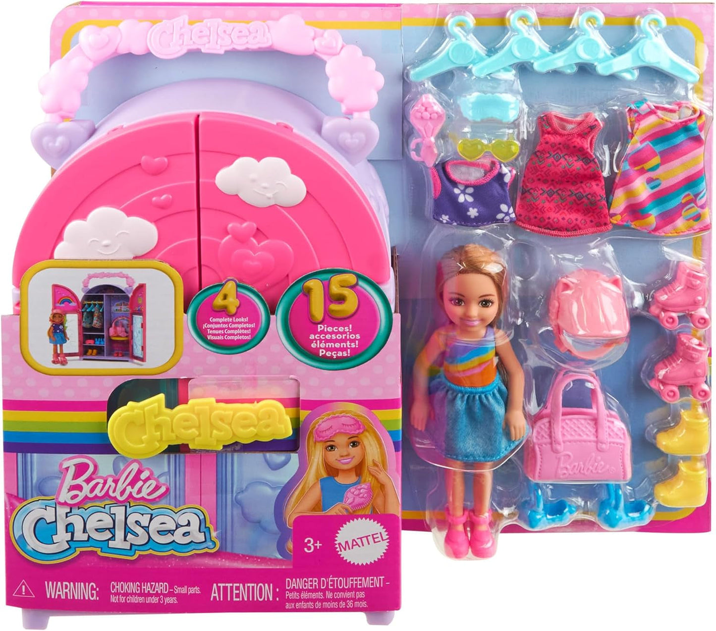Barbie Chelsea dukke og garderobe legesæt med tøj og tilbehør, 17 dele sæt, foldbart til rejseleg og opbevaring, HXN03 Naty Shop Dolls