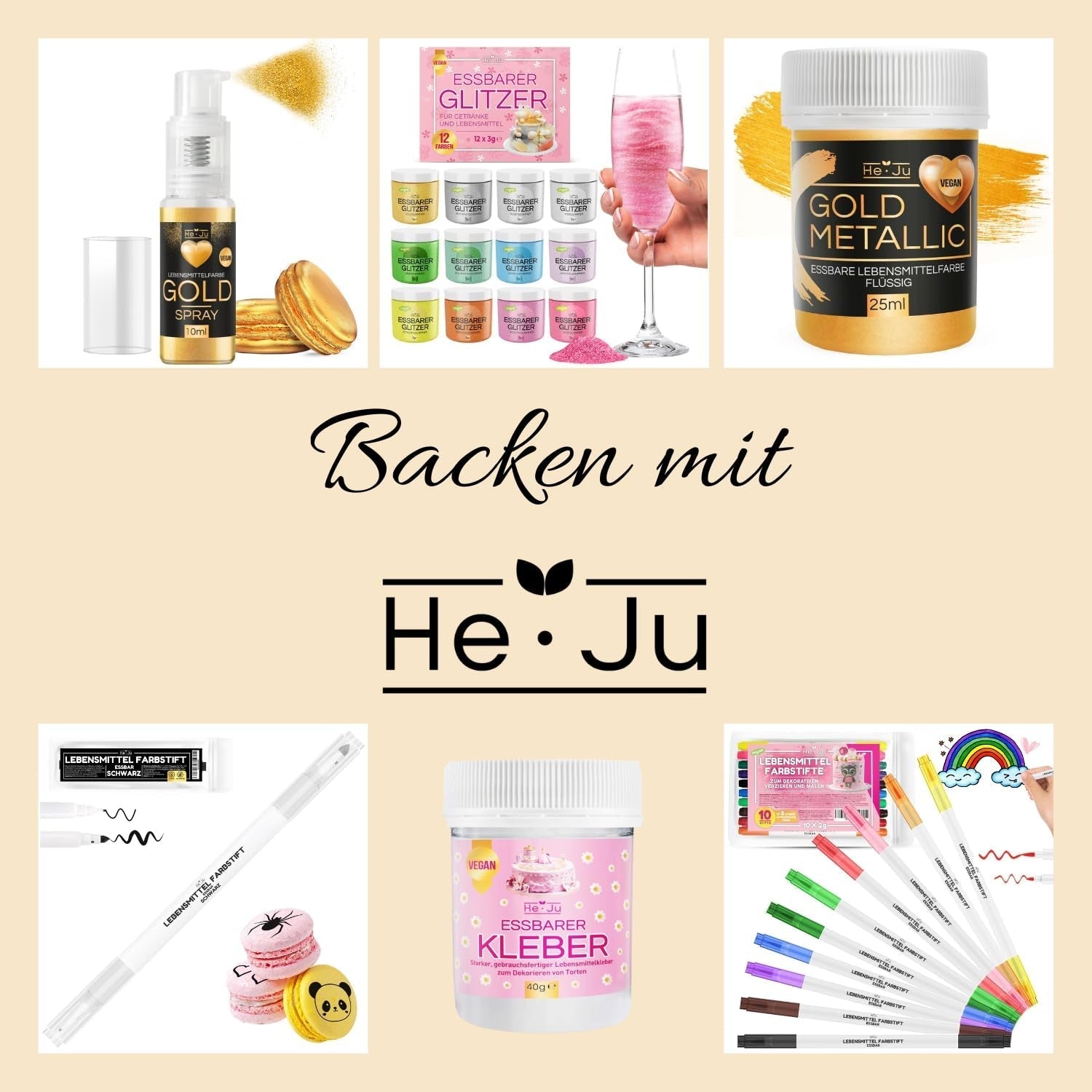 He-Ju Metallic Gold flydende madfarve 25 ml, spiselig glitter til drikkevarer og mad (Metallic Gold, 25 ml)