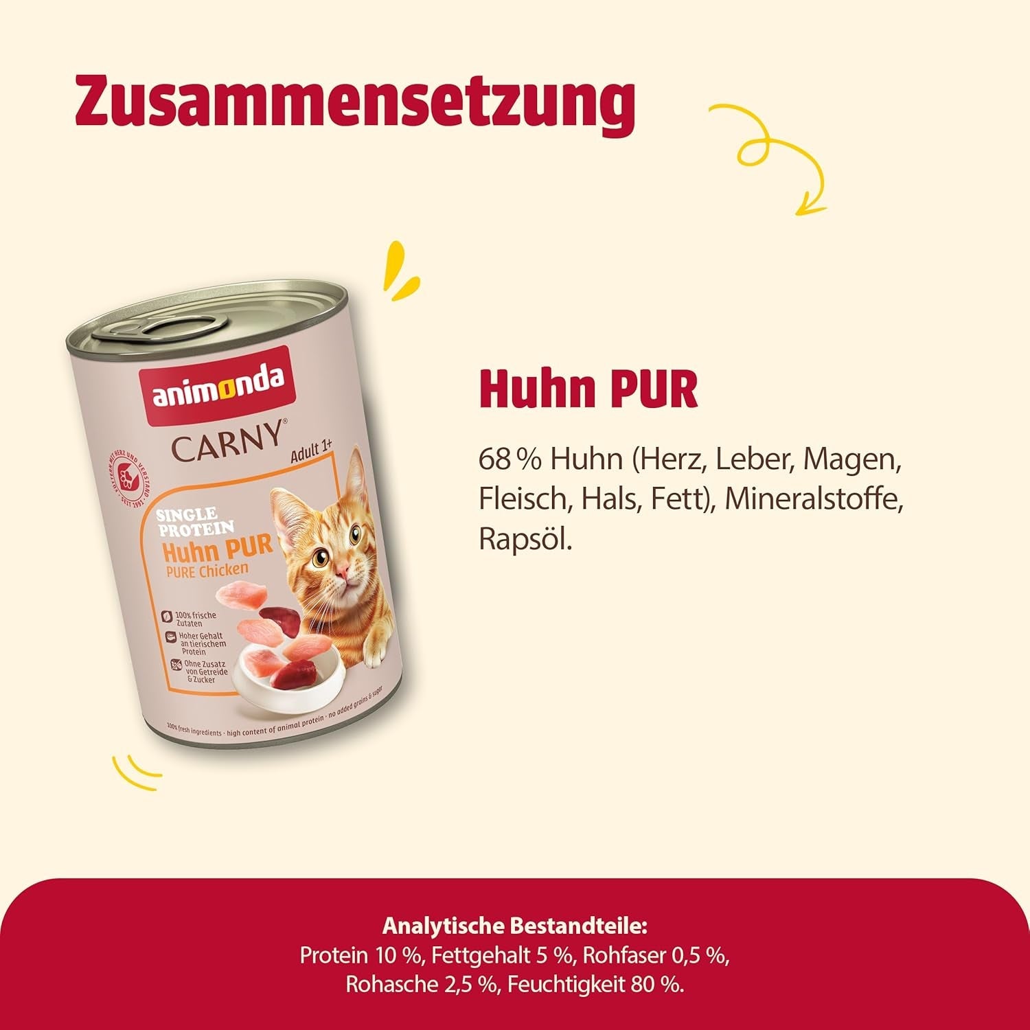 animonda Carny Adult Single Protein Pure Chicken (6 x 400 g), vådfoder til voksne katte med en enkelt proteinkilde, vådfoder til voksne katte, kornfri og sukkerfri