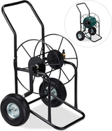 Relaxdays slangevogn, mobil slangetromle, 1/2" og 3/4" tilslutning, slange op til 80 m, 2 hjul, metal, sort