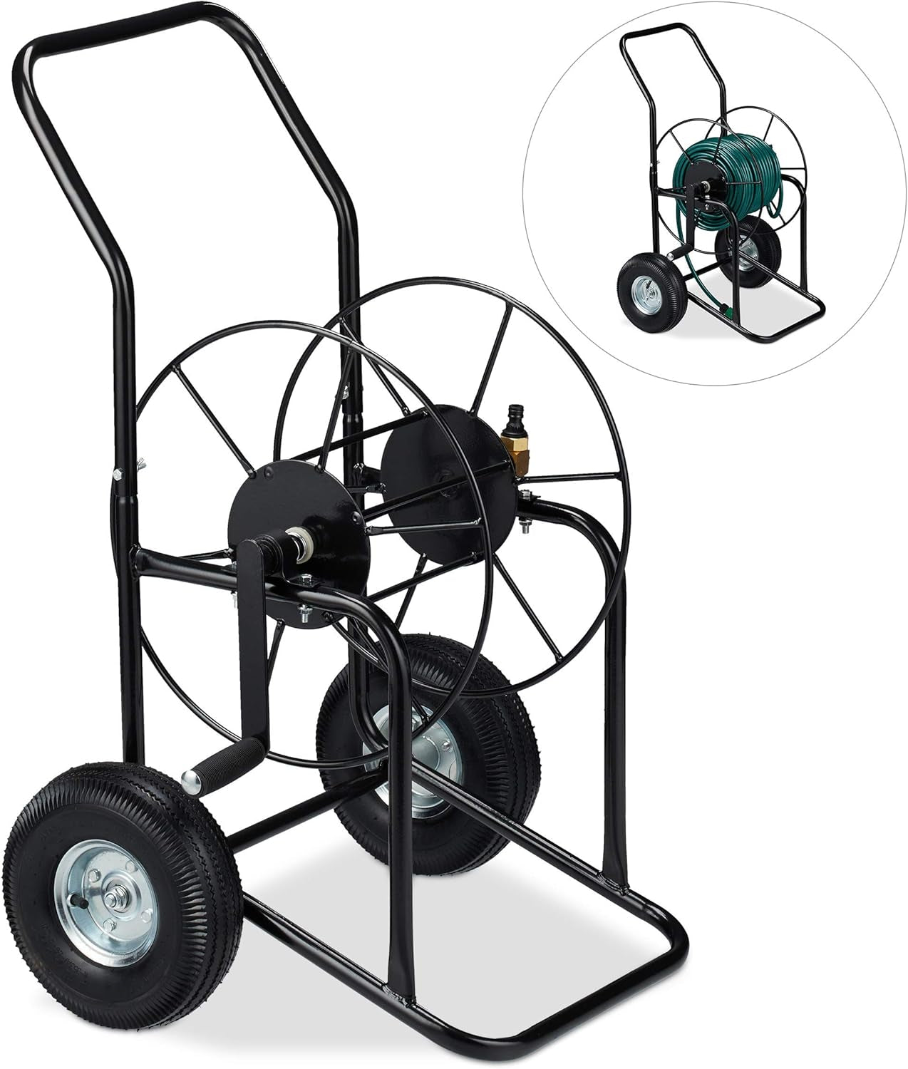 Relaxdays slangevogn, mobil slangetromle, 1/2" og 3/4" tilslutning, slange op til 80 m, 2 hjul, metal, sort