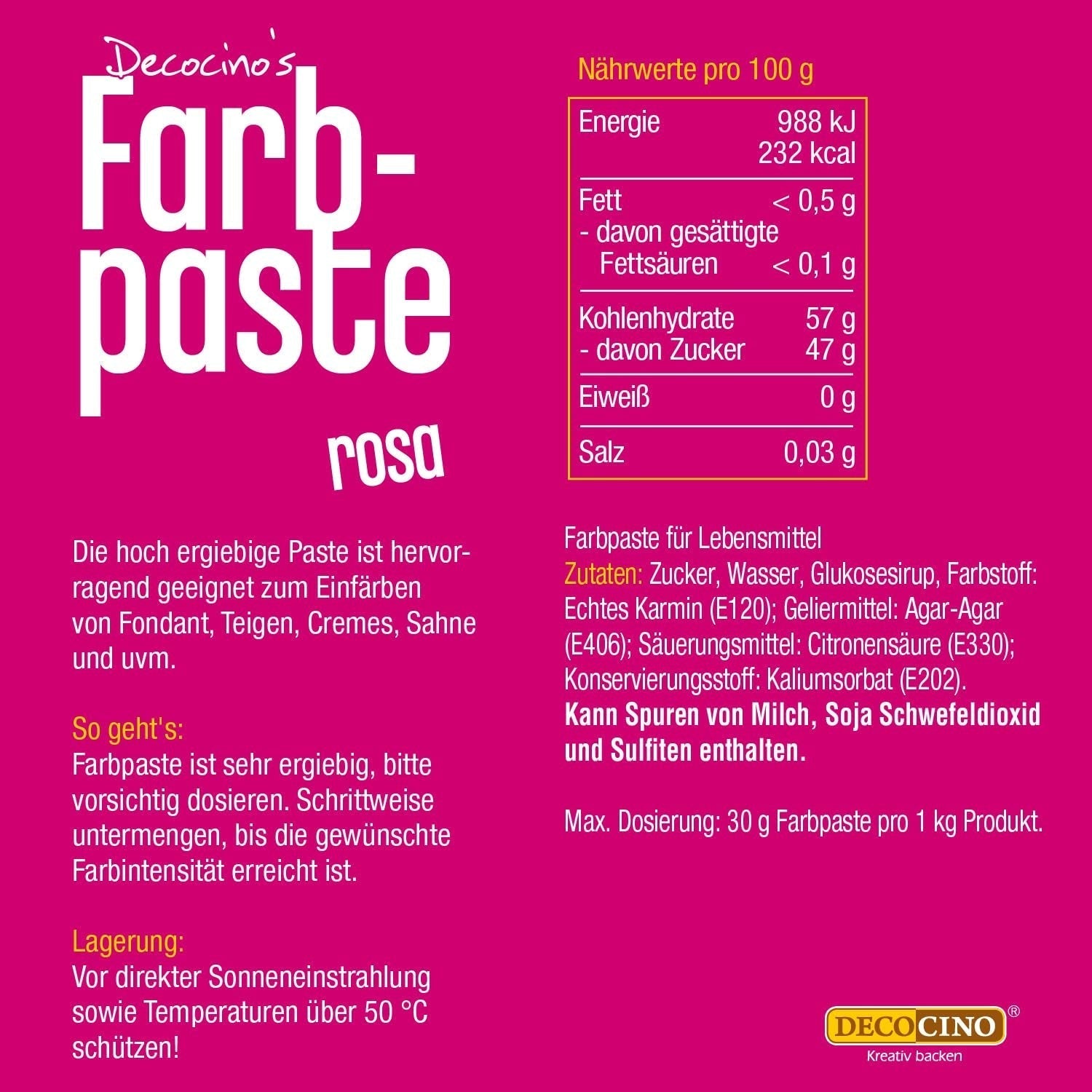 DECOCINO pink farvepasta - 20 g - Madfarve, ideel til farvning af kager, fondant og cremer - Fri for azofedtsyrer og gluten