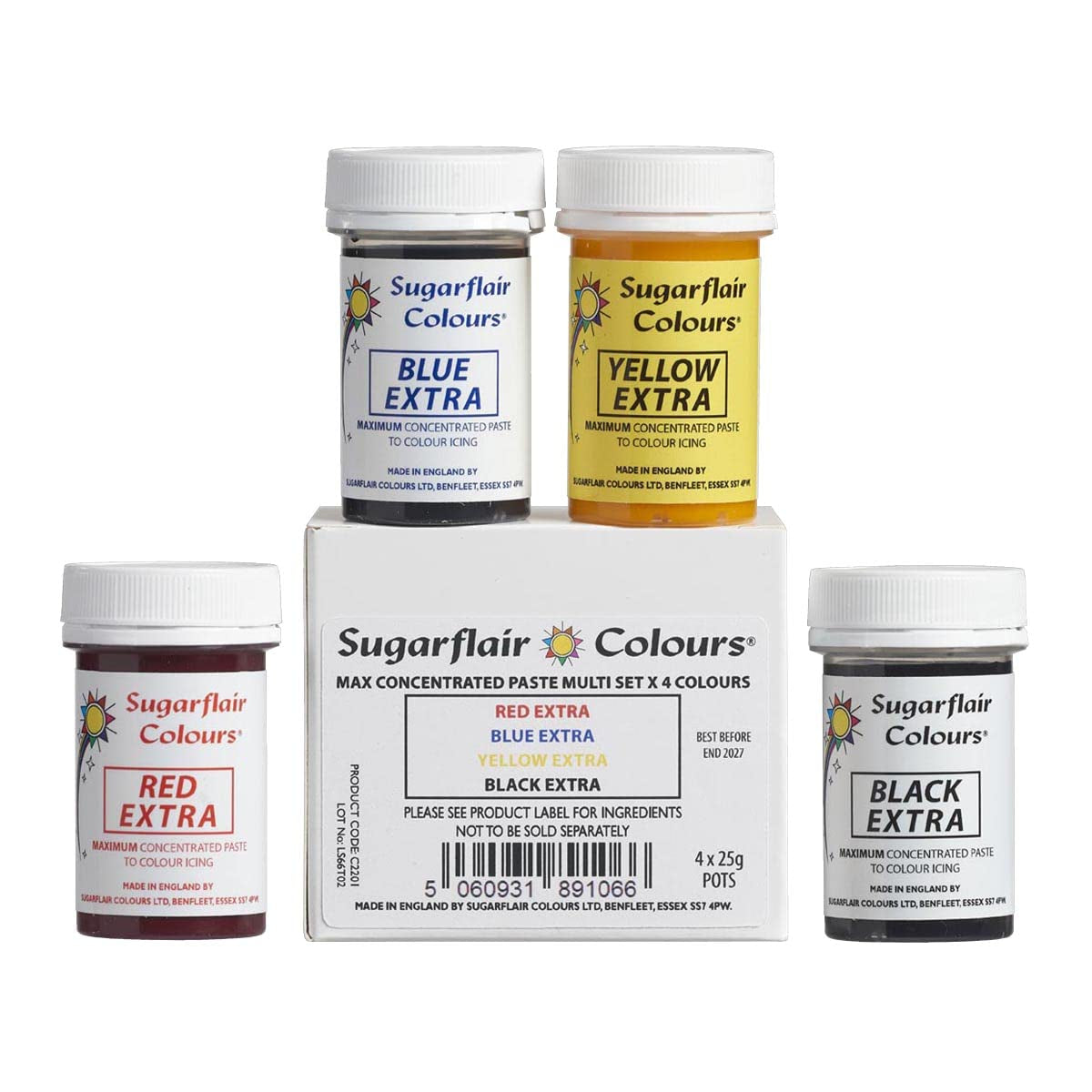 Madfarvesæt Sugarflair Max Concentrated/4, madfarve i pasta Max Concentrate, EKSTRA blå, gul, rød, sort - 4x25g