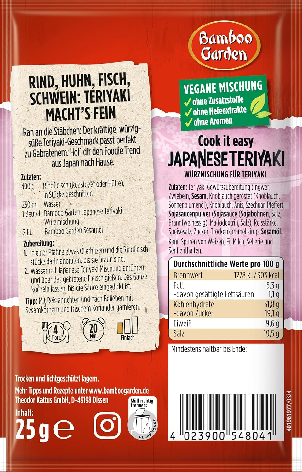 Bamboo Garden - Teriyaki krydderblanding , Gewürzmischung für Teriyaki , Für 4 Portionen , Ohne Geschmackverstärker og Konservierungsstoffe , 1 x 25 g (Verpackungsdesign kann abweichen)