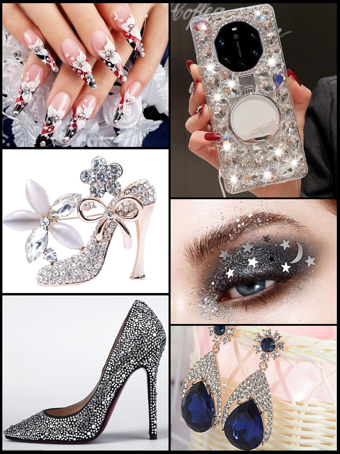 EBANKU Nail Art Strass Kit Multi Design Zubehör Mit 1 Pinzetten 1 Stück Wachsstifte Deko Diamanten Kristalle Perlen Edelsteine ​​Bunt Pferdeaugen Strass Metal Nieten Für Nagel DIY (1 Stück (10Er Pack))
