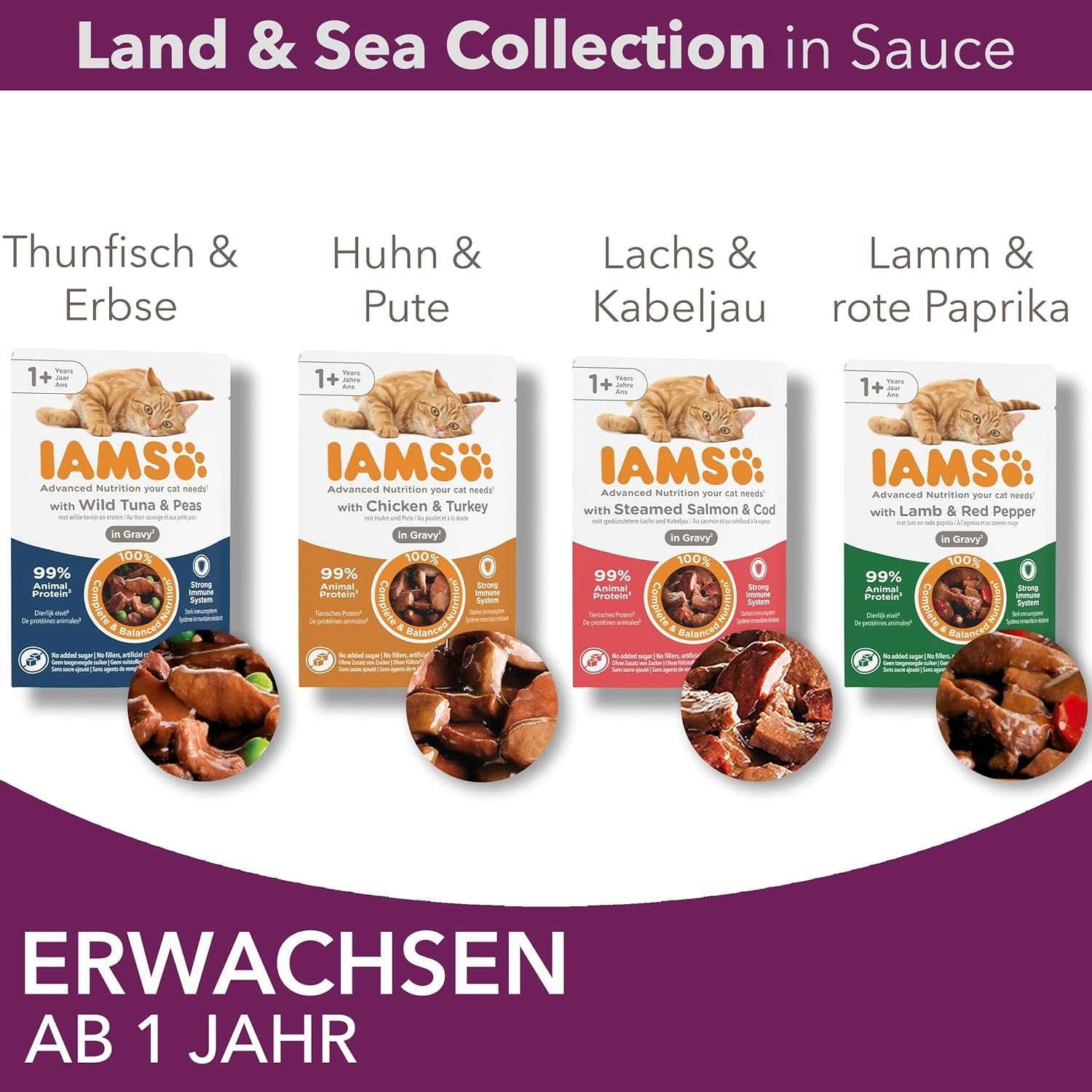 IAMS Delights Land & Sea Collection våd kattefoder - kød- og fiskesortiment Multipak i sauce, vådfoder til katte fra 1 år og derover, 12 x 85 g