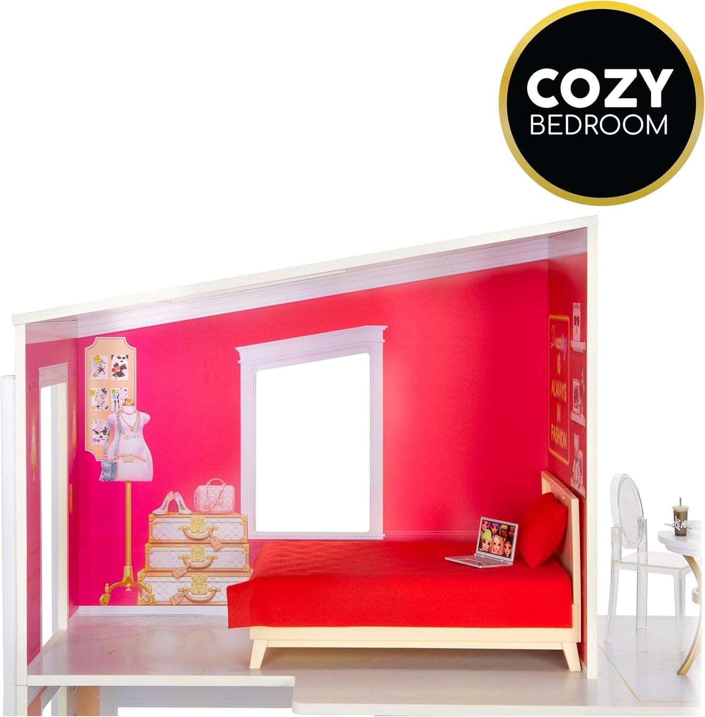 Rainbow High Townhouse - 3-Stöckiges Holzpuppenhaus med 5 Bunten Zimmern & Terrasse - Komplett Eingerichtetes Haus mit Funktionierendem Lift og Zubehör - Spielzeug for Kinder fra 4 bis 12+ Jahren