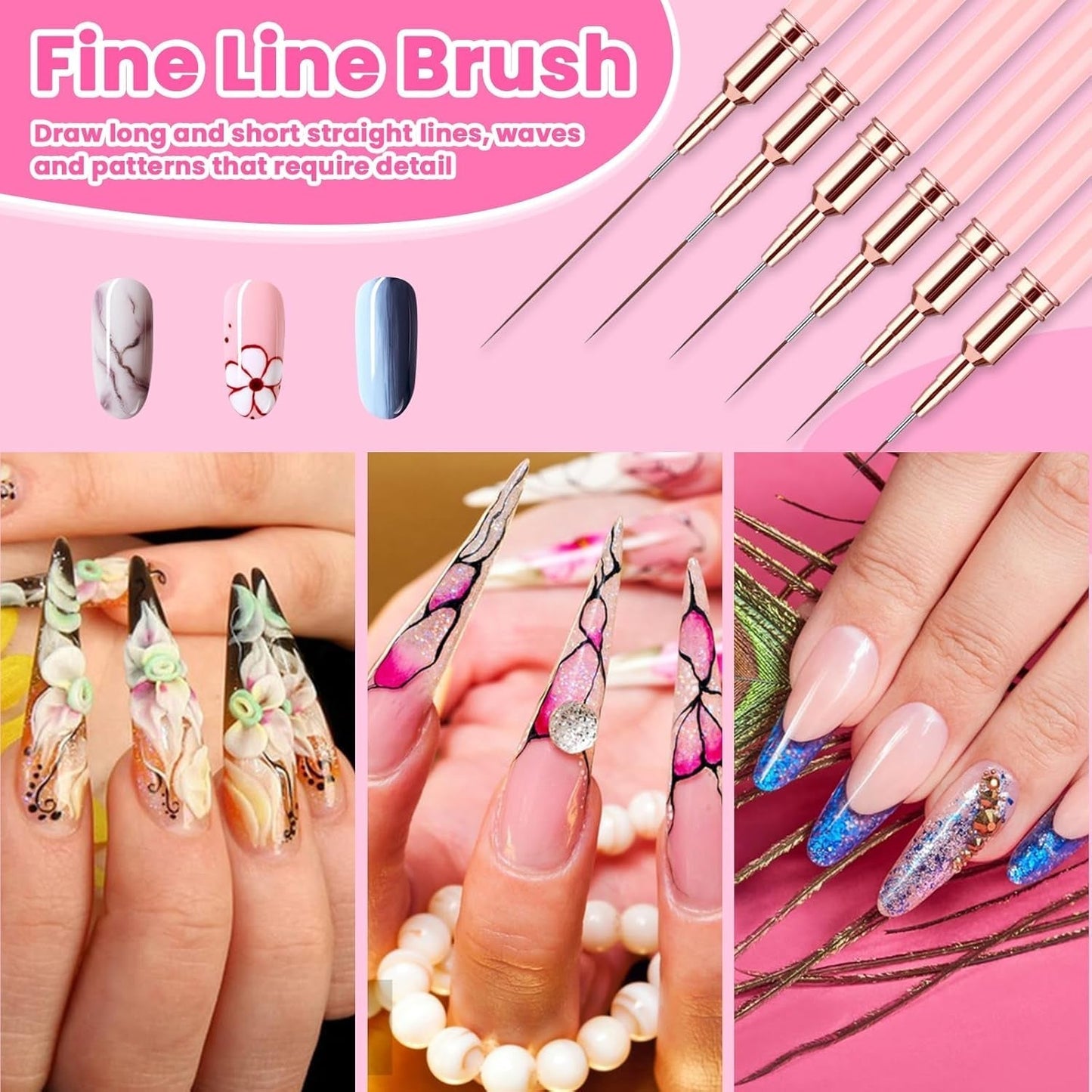 6 Stück Liner Nailart Pinsel Nageldesign Pinsel Sæt Dünn Acryl Nagelpunkt-Zeichenwerkzeug Nägel Dünne Nagelpinsel Sæt Für Lange Linien, Dünne Details, Feines Zichnen 5/7/9/11/15/25 Mm（Rosa）