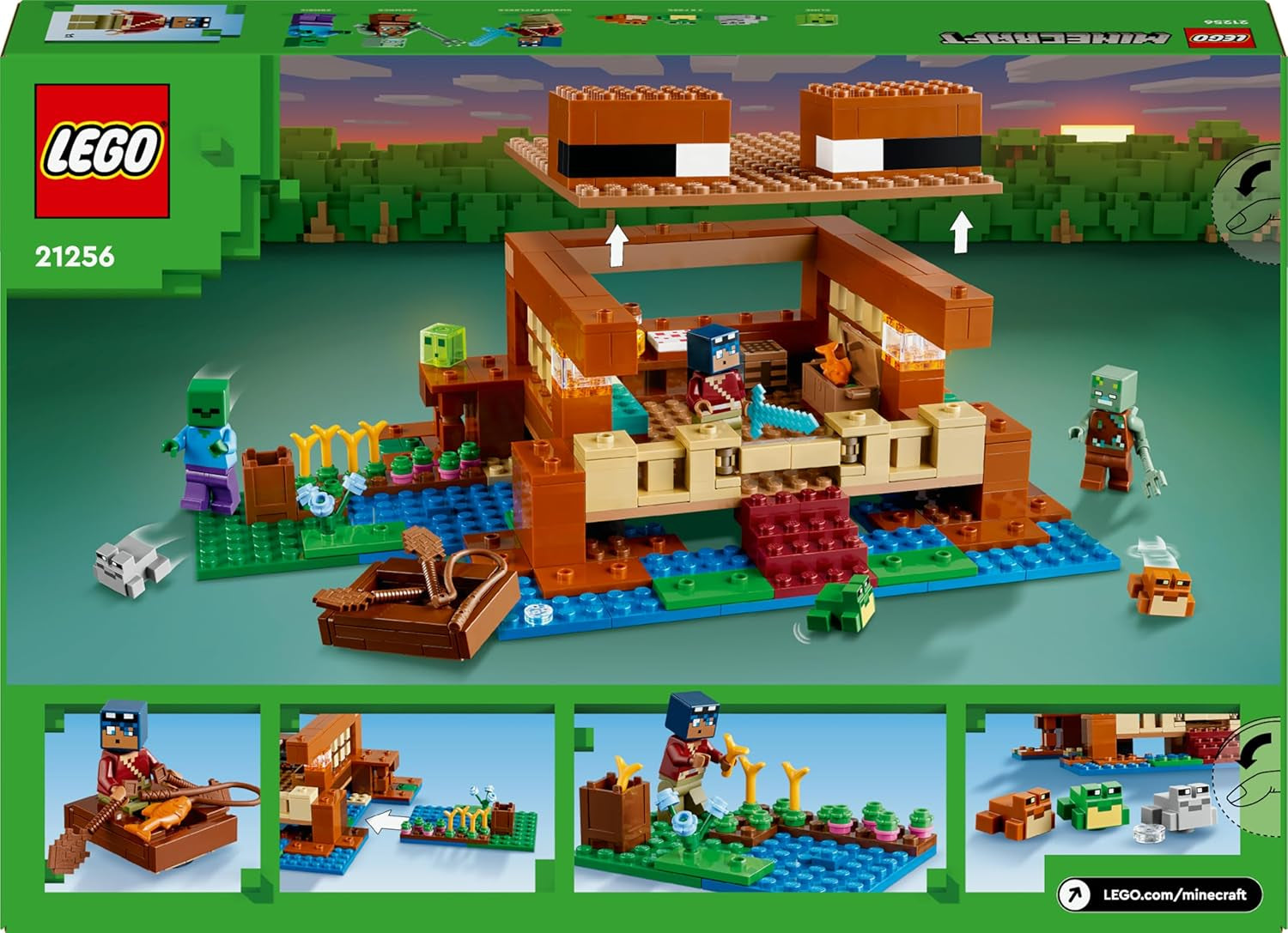 LEGO Minecraft Frøhuset, legetøjshus med figurer inklusive zombie, slim og druknende mand, plus tilbehør som legetøjsbåd og arbejdsbord, gave til drenge og piger fra 8 år 21256 Byggesæt Besuche den LEGO-Store