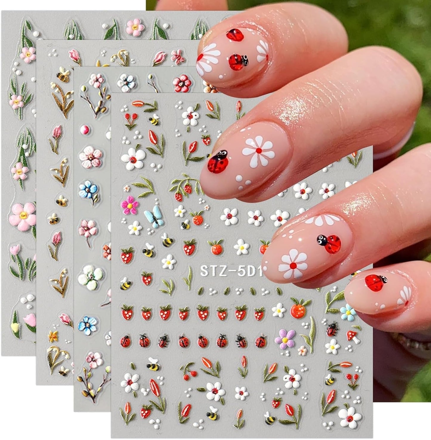 JMEOWIO 3D Nagelsticker Blumen Frucht Nail Art Sticker Selbstklebend Nagelaufkleber 5D Stereoskopisk Dekoration Nageldesign Tilbehør 4 Blatt