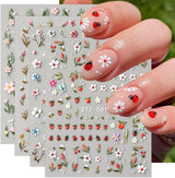 JMEOWIO 3D Nagelsticker Blumen Frucht Nail Art Sticker Selbstklebend Nagelaufkleber 5D Stereoskopisk Dekoration Nageldesign Tilbehør 4 Blatt