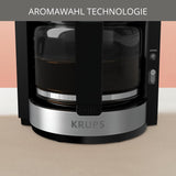Krups KM3210 Pro Aroma Plus Espressomaskine, 10 kopper, 1,25 L, Hold varm i 30 minutter, Synligt vandstandsvindue, Anti-drypsystem, Sort med anvendelser i rustfrit stål