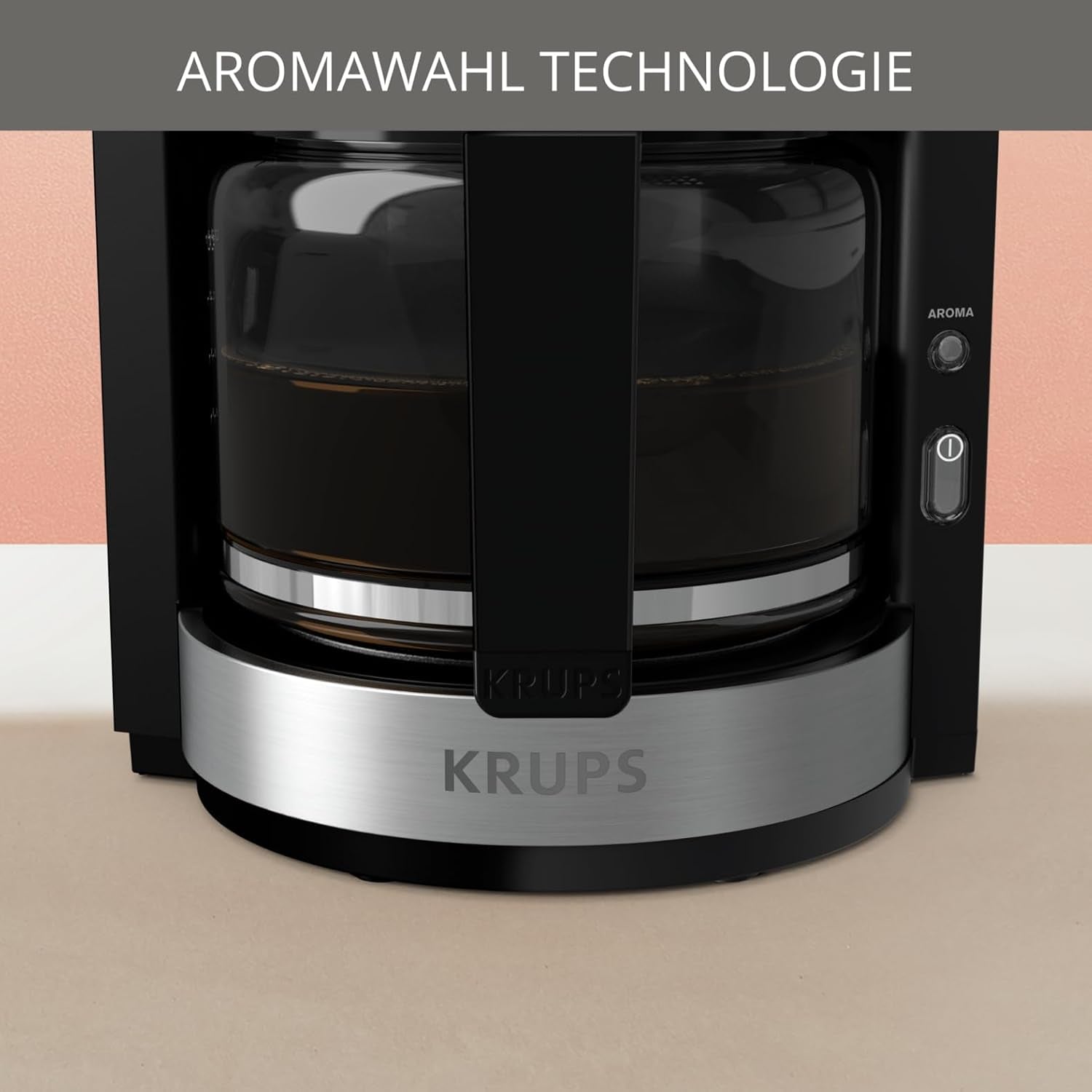 Krups KM3210 Pro Aroma Plus Espressomaskine, 10 kopper, 1,25 L, Hold varm i 30 minutter, Synligt vandstandsvindue, Anti-drypsystem, Sort med anvendelser i rustfrit stål