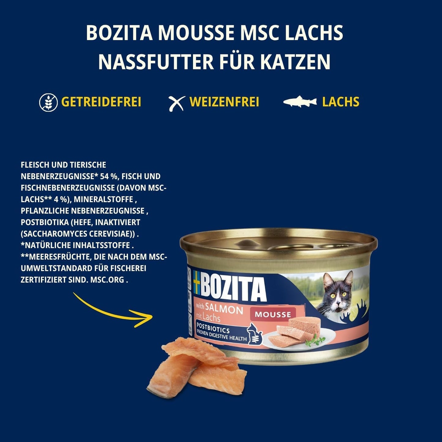 Bozita Mousse MSC Salmon - 12 x 85 g våd kattefoder med en fin konsistens af mousse og laks - kornfri opskrift, uden tilsat sukker eller farver - med postbiotika til at understøtte tarmfloraen