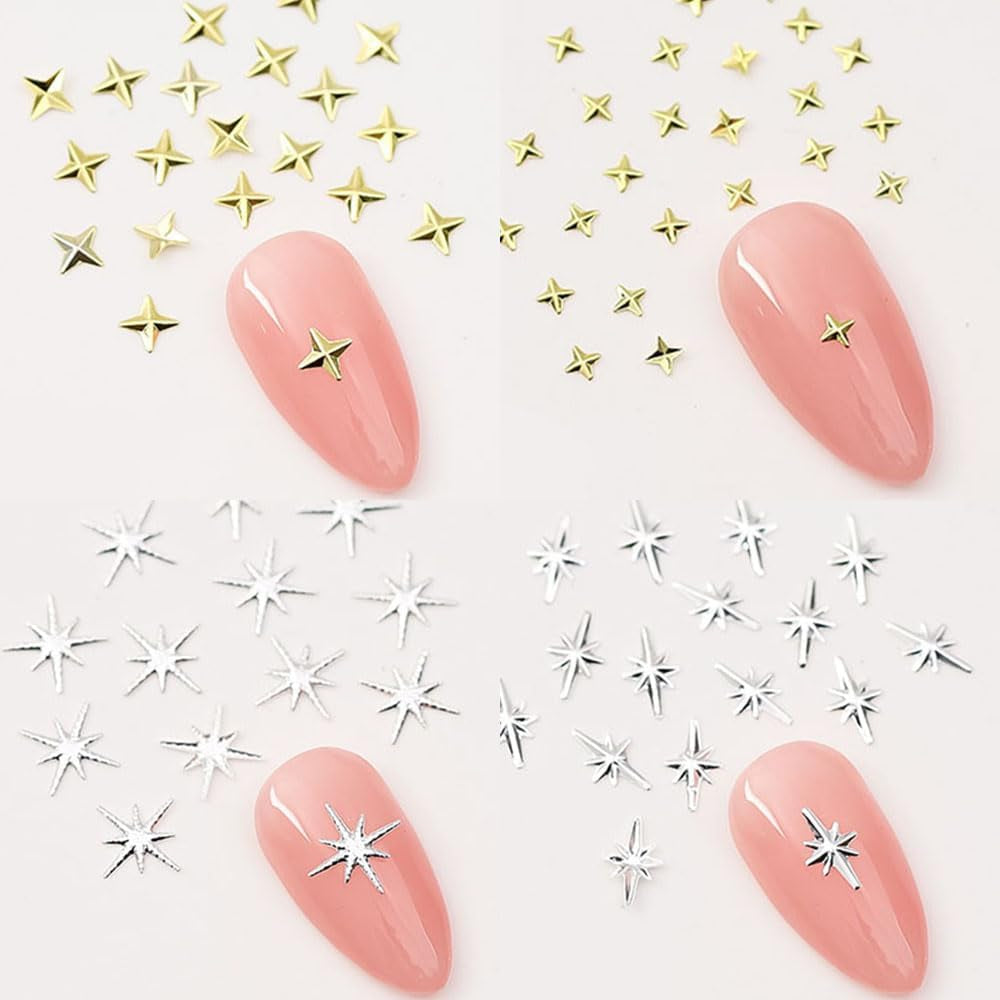 120 stk Guld-Sølv Stjerne Nail Charms Star Y2K Nails Metal Star Nail Charms Blandede størrelser Negleskruer Star Nail Design Nail Art 3D Star Charms Negledekoration Negle Charms Negletilbehør
