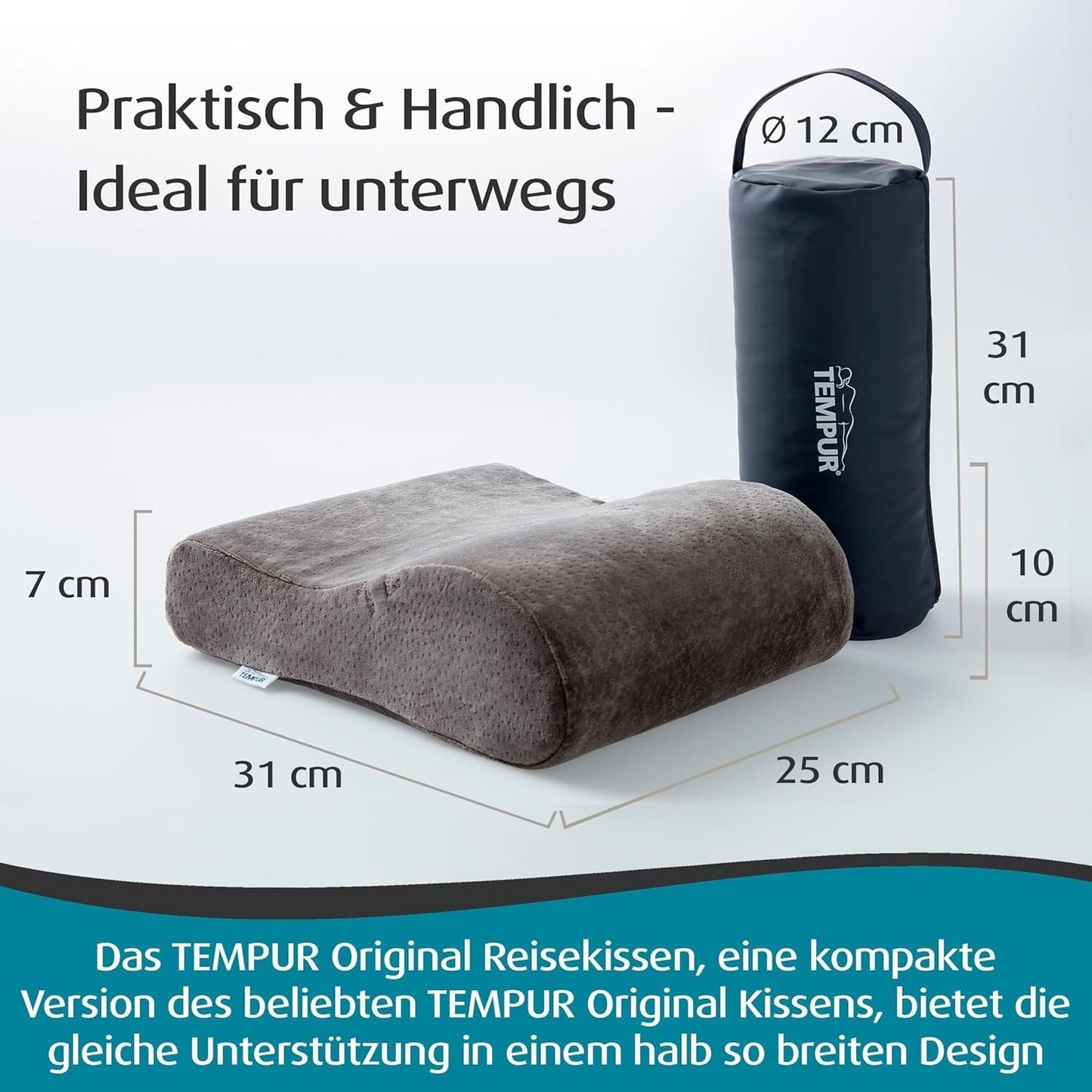 TEMPUR Memory Foam rejsepude, ergonomisk nakkepude, inklusive bæretaske, antracit, mål 25 x 31 x 10/7 cm