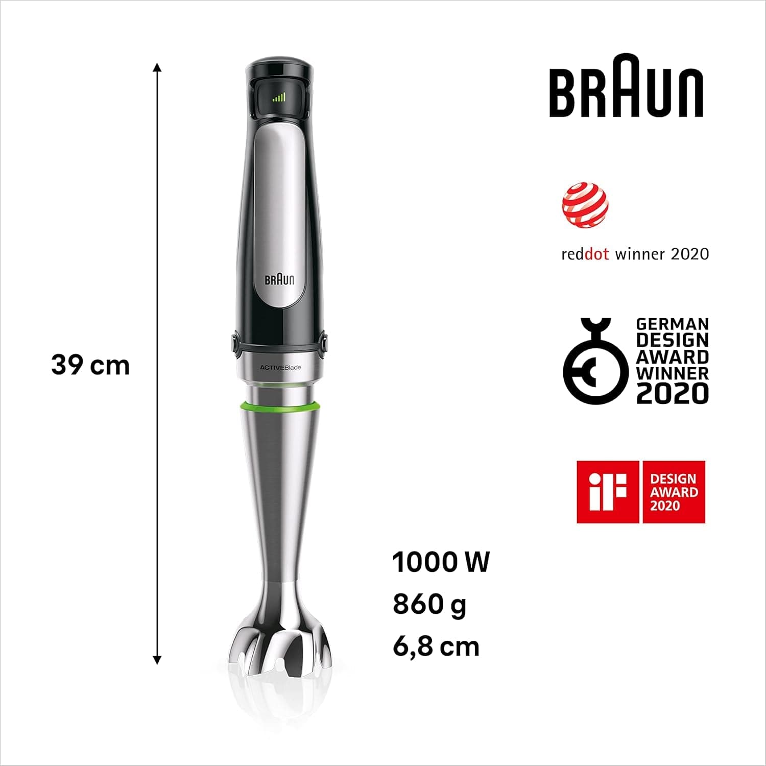 Braun Multiquick 7 MQ 7035X Stabmixer - Pürierstab Mit Abnehmbarem Edelstahl Mixfuß Mit Activeblade Technologie Zum Pürieren Der Härtesten Ingredient, Inkl. 3-Teiliges Zubehör Sæt, 1000 Watt, Schwarz Kitchen Naty Shop
