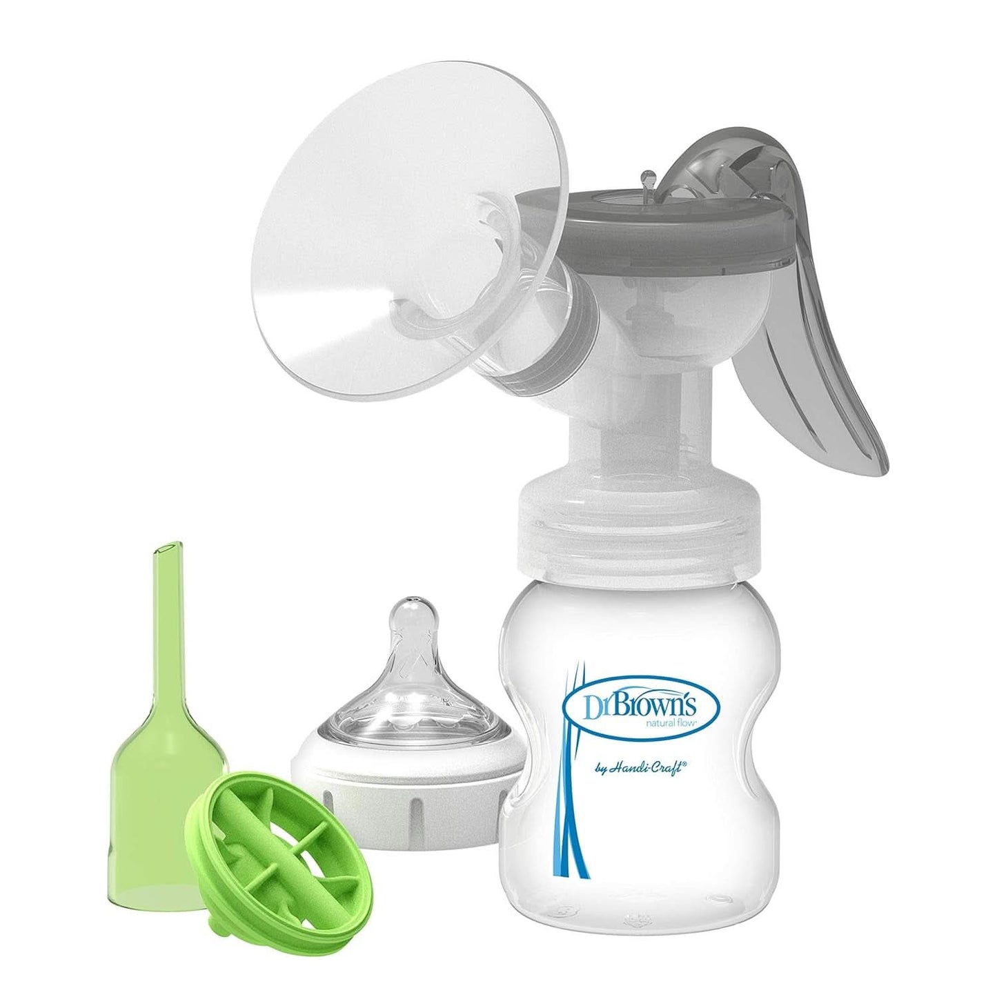 Manuel brystpumpe med 100 % silikone Softshape beskyttelse (B, 25 mm flange) og anti-kolik muligheder + 150 ml bred mund flaske med niveau 1 slow flow patte Tilbehør Mad og amning Bebe Naty Shop