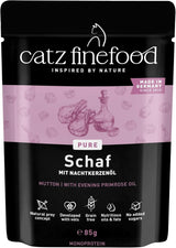 Vådfoder til katte Catz Finefood Purrrr Får Monoprotein no. 113, til katte med følsom fordøjelse, 70% kødindhold, 16 poser á 85 g hver