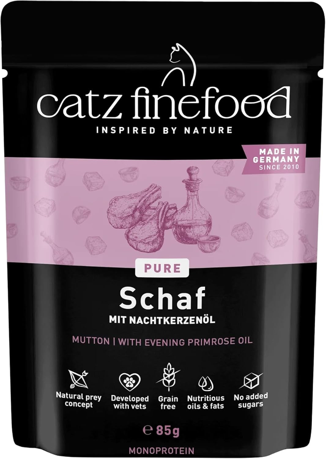 Vådfoder til katte Catz Finefood Purrrr Får Monoprotein no. 113, til katte med følsom fordøjelse, 70% kødindhold, 16 poser á 85 g hver