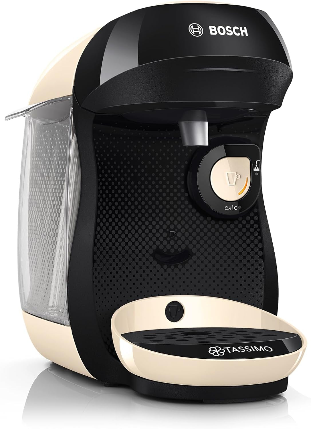 Bosch Tassimo Happy Friendly TAS107E Kapsel Espressomaskine, 70+ drikkevarer, velegnet til alle kopper, Auto-Stop, Bæredygtig, Perfekt Dosering, Pladsbesparende, 1400W, Creme/sort