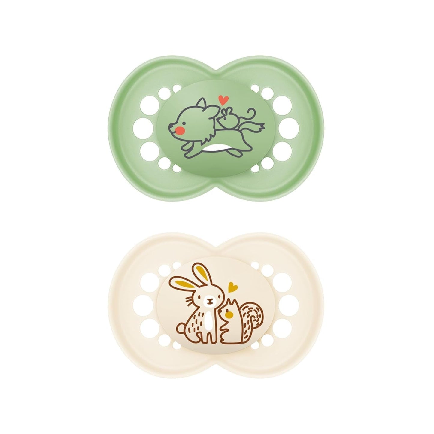 MAM originale sutter, 2-pack, tandvenlige babysutter, fremstillet af bæredygtige og bioregenererbare materialer, MAM SkinSoft silikonesutter, med sutteæske, 6-16 måneder, ulv/kanin