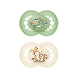 MAM originale sutter, 2-pack, tandvenlige babysutter, fremstillet af bæredygtige og bioregenererbare materialer, MAM SkinSoft silikonesutter, med sutteæske, 6-16 måneder, ulv/kanin
