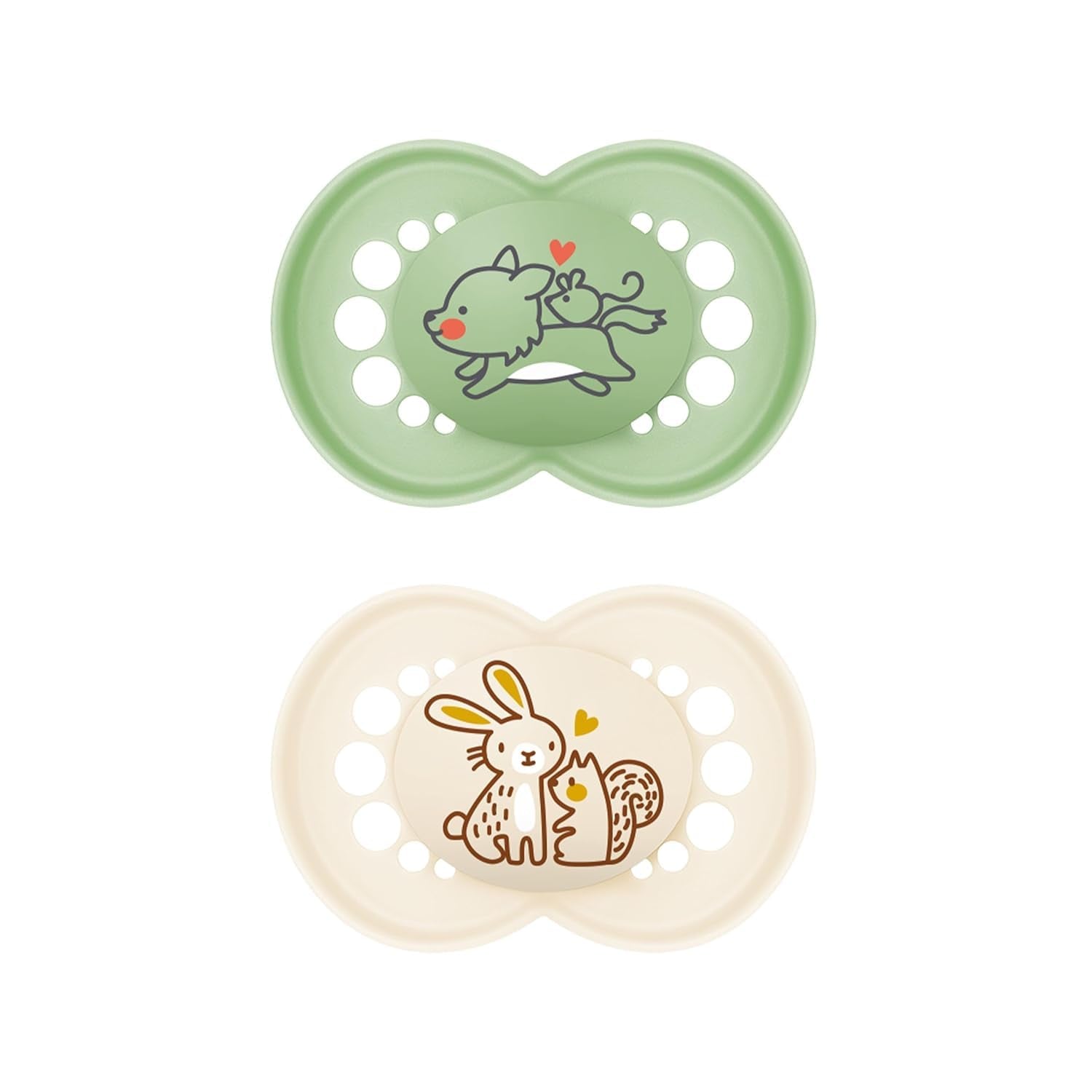 MAM originale sutter, 2-pack, tandvenlige babysutter, fremstillet af bæredygtige og bioregenererbare materialer, MAM SkinSoft silikonesutter, med sutteæske, 6-16 måneder, ulv/kanin