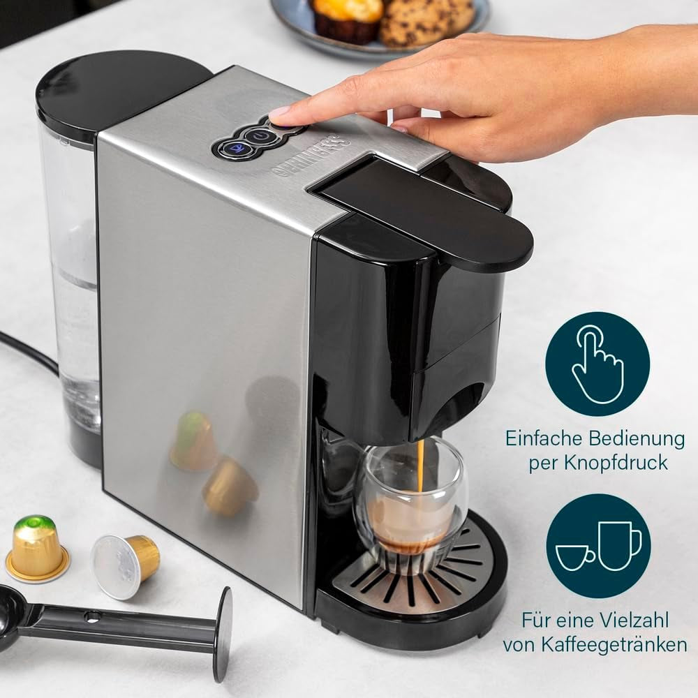 Princess 4 i 1 multikapsel espressomaskine - 1450 watt, kapsler, bælg, malet kaffe, BPA fri, 249450, 01.249450.01.001, sort, sølv