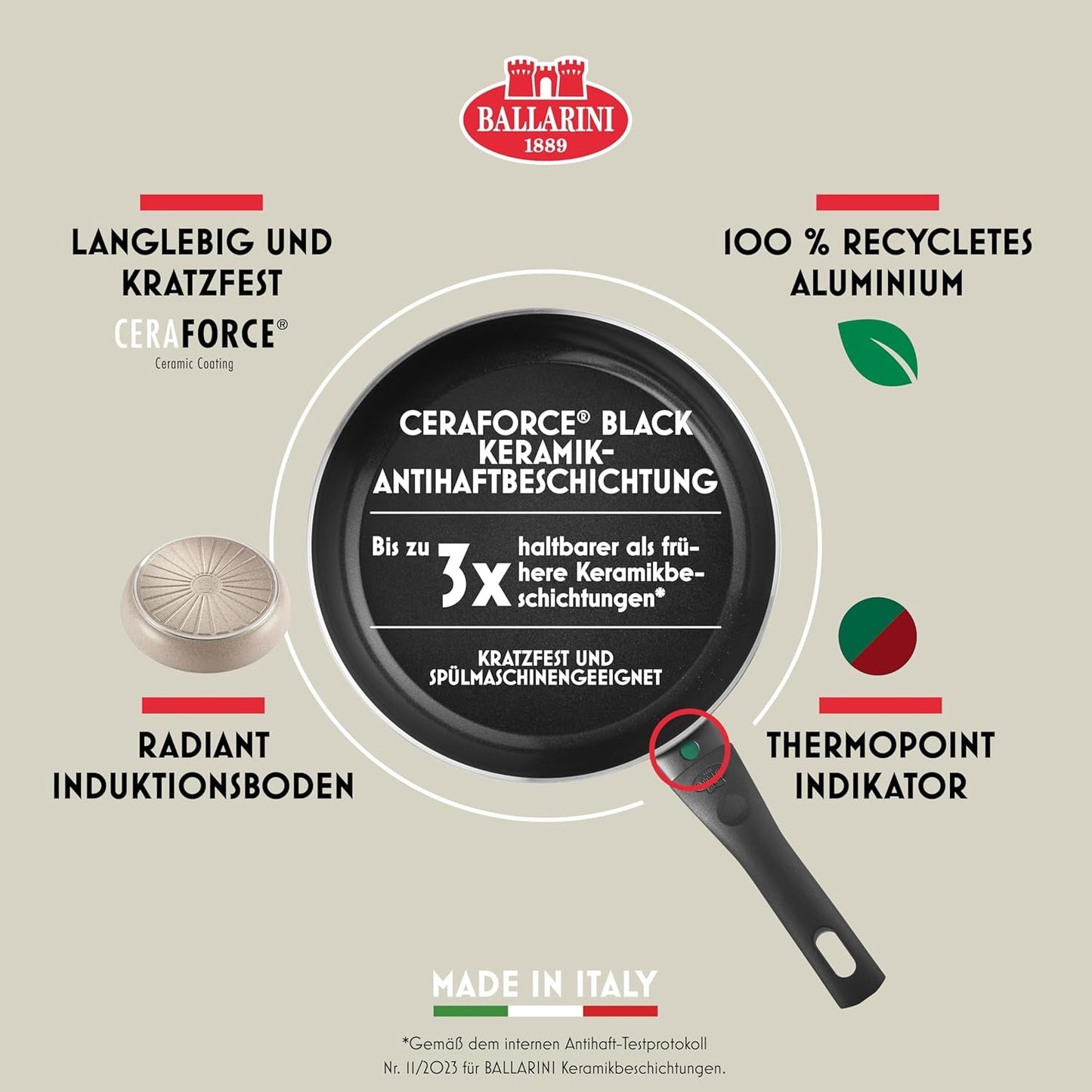 Ledro stegepande, 24 cm, aluminium, velegnet til induktion, non-stick keramisk belægning, Thermopoint, Made in Italy, beige Gryder og pander Naty Shop