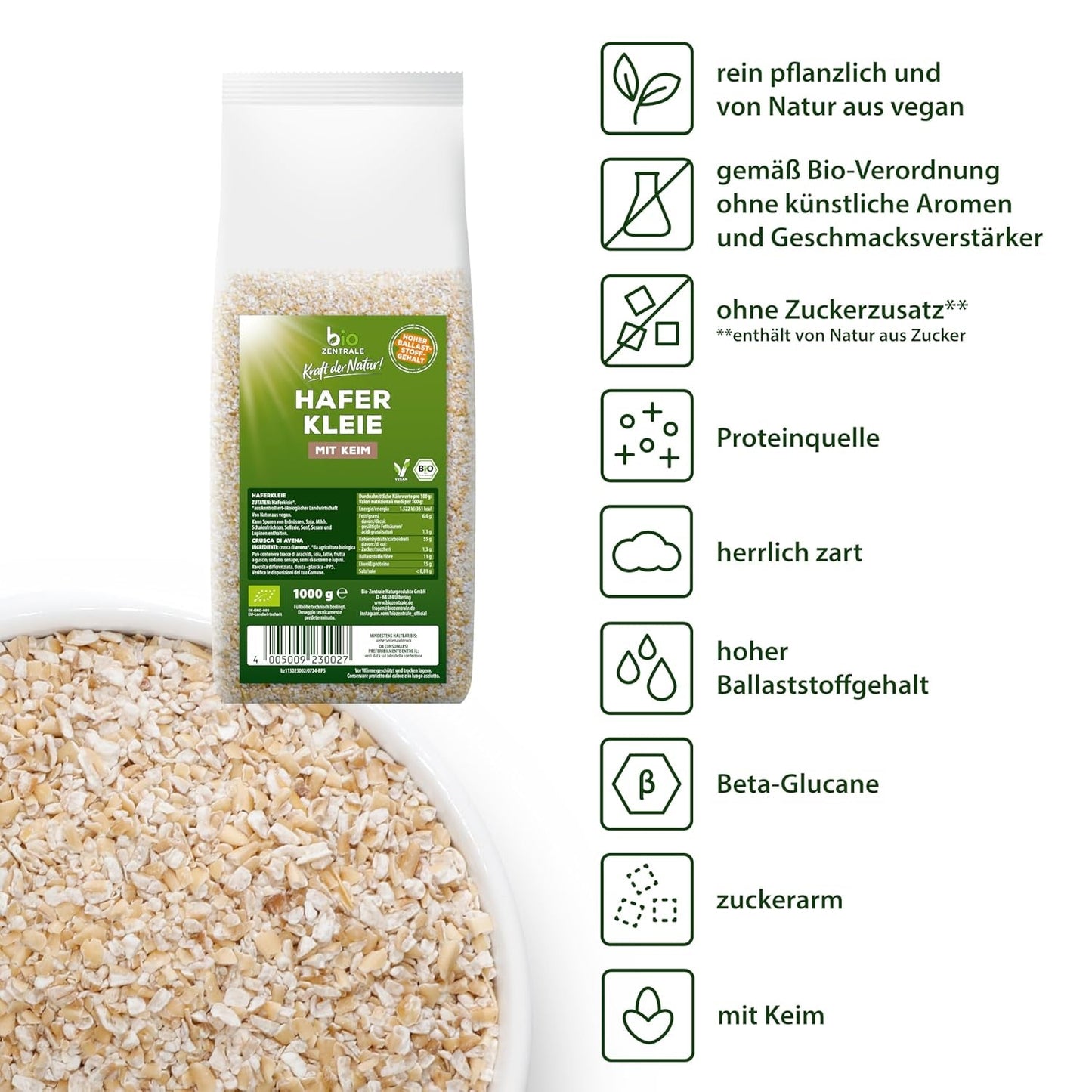 Biocentral økologisk havreklid 1 kg | Fordelagtig pakke | Fiberrig proteinkilde | Naturally vegan | Fra EU's landbrug | Lavt sukkerindhold