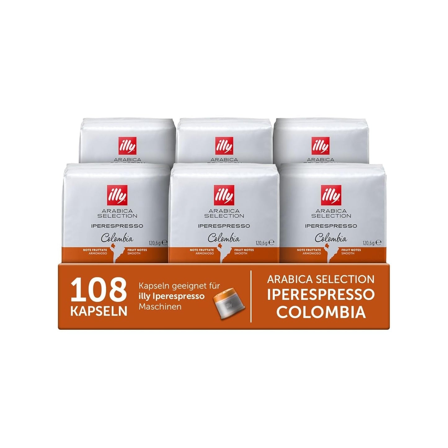 illy, Iperespresso Arabica Selection Kolombien, 100% Arabica mit Fruchtigen Noten von Zitrusfrüchten og Roten Früchten, Gesmack mit Tarter Säure, 6 Packungen à 18 Kapseln (Insgesamt 108 Kapseln)