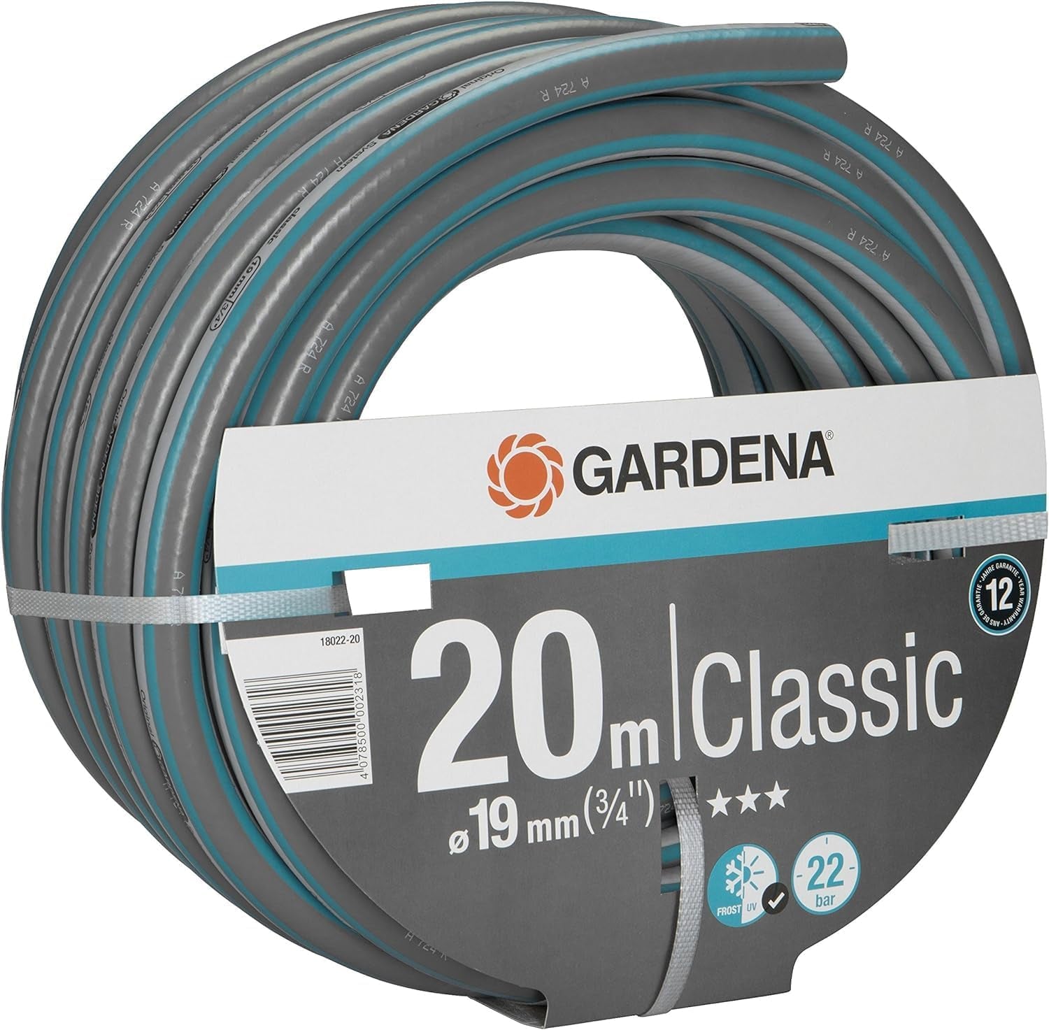 Gardena Classic Slange 19 mm (3/4 tomme), 20 m: Universal haveslange lavet af robust stof, krydsvævet, 22 bar sprængtryk, UV-bestandig, ingen systemkomponenter, 12 års garanti (18022-20)