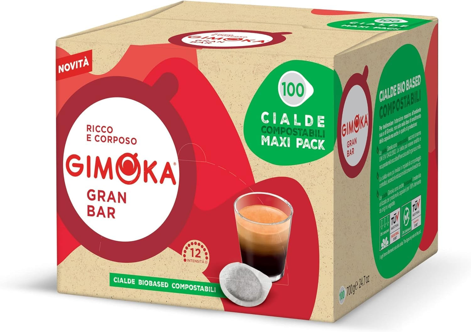 Gimoka Kompostierbare Kaffeepads, Gran Bar Intenso Kaffeemischung, Intensität 12-100 Pads - Kompatibel med ESE System Papier Pads 44 mm